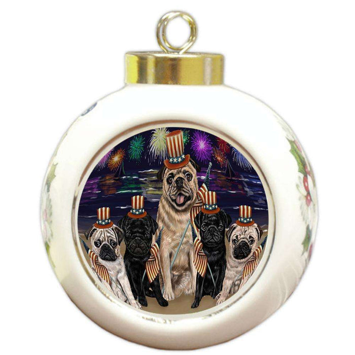 4th of July Independence Day Firework Pugs Dog Round Ball Christmas Ornament RBPOR49612