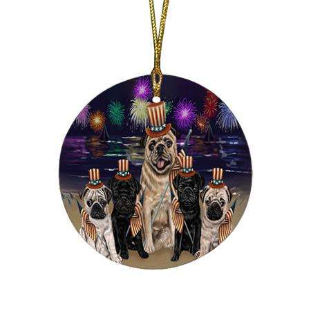 4th of July Independence Day Firework Pugs Dog Round Flat Christmas Ornament RFPOR49603