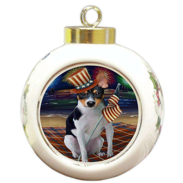 4th of July Independence Day Firework Rat Terrier Dog Round Ball Christmas Ornament RBPOR48977