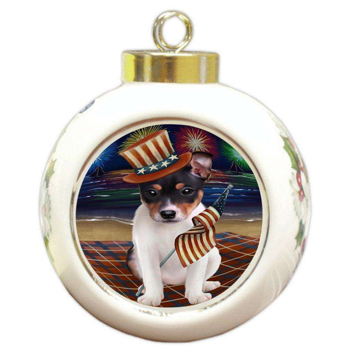 4th of July Independence Day Firework Rat Terrier Dog Round Ball Christmas Ornament RBPOR48979