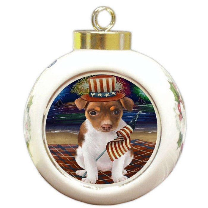 4th of July Independence Day Firework Rat Terrier Dog Round Ball Christmas Ornament RBPOR48980