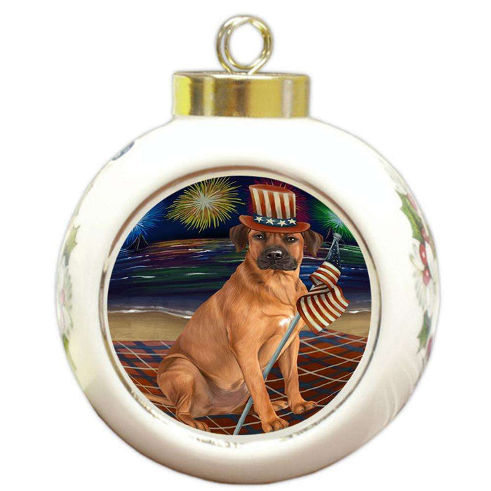 4th of July Independence Day Firework Rhodesian Ridgeback Dog Round Ball Christmas Ornament RBPOR48981
