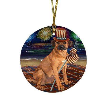 4th of July Independence Day Firework Rhodesian Ridgeback Dog Round Christmas Ornament RFPOR48972