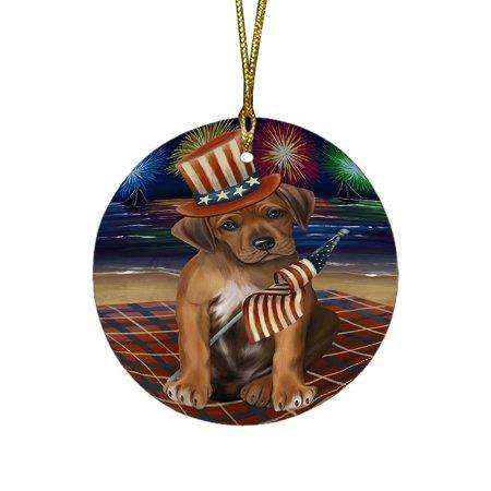 4th of July Independence Day Firework Rhodesian Ridgeback Dog Round Christmas Ornament RFPOR48974