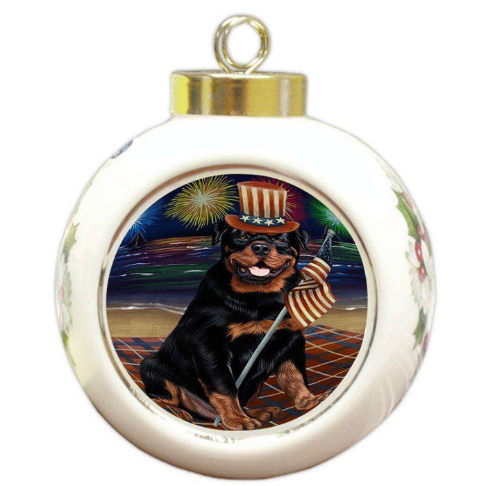 4th of July Independence Day Firework Rottweiler Dog Round Ball Christmas Ornament RBPOR48984