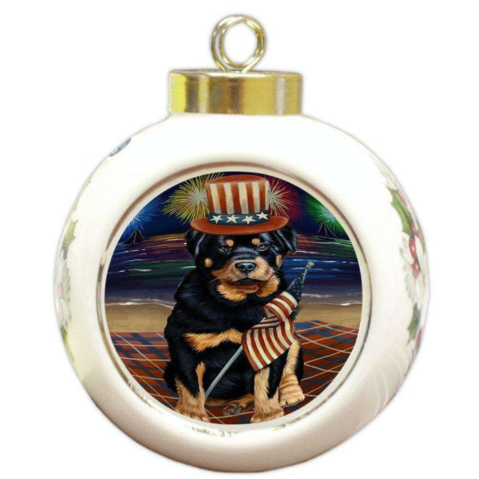 4th of July Independence Day Firework Rottweiler Dog Round Ball Christmas Ornament RBPOR48986