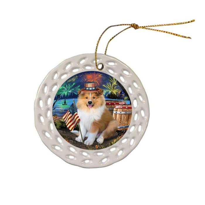 4th of July Independence Day Firework Rough Collie Dog Ceramic Doily Ornament DPOR54066