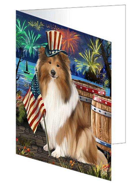 4th of July Independence Day Firework Rough Collie Dog Handmade Artwork Assorted Pets Greeting Cards and Note Cards with Envelopes for All Occasions and Holiday Seasons GCD66215