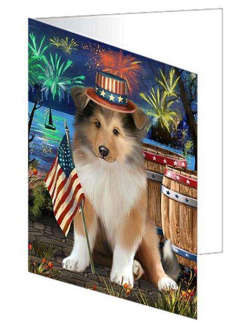 4th of July Independence Day Firework Rough Collie Dog Handmade Artwork Assorted Pets Greeting Cards and Note Cards with Envelopes for All Occasions and Holiday Seasons GCD66218