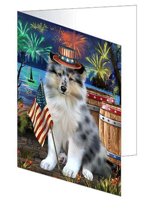 4th of July Independence Day Firework Rough Collie Dog Handmade Artwork Assorted Pets Greeting Cards and Note Cards with Envelopes for All Occasions and Holiday Seasons GCD66221