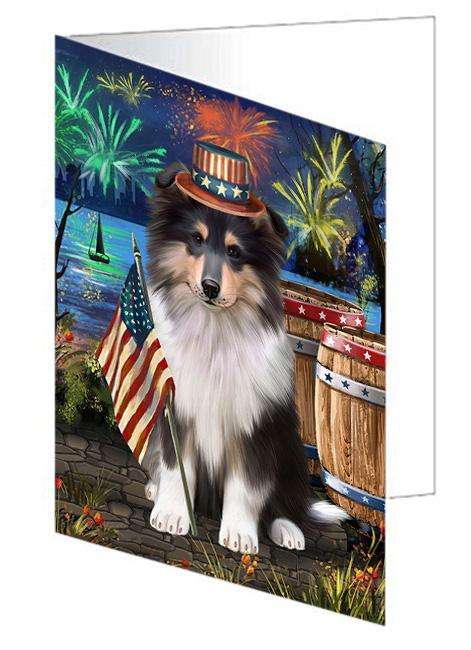 4th of July Independence Day Firework Rough Collie Dog Handmade Artwork Assorted Pets Greeting Cards and Note Cards with Envelopes for All Occasions and Holiday Seasons GCD66224