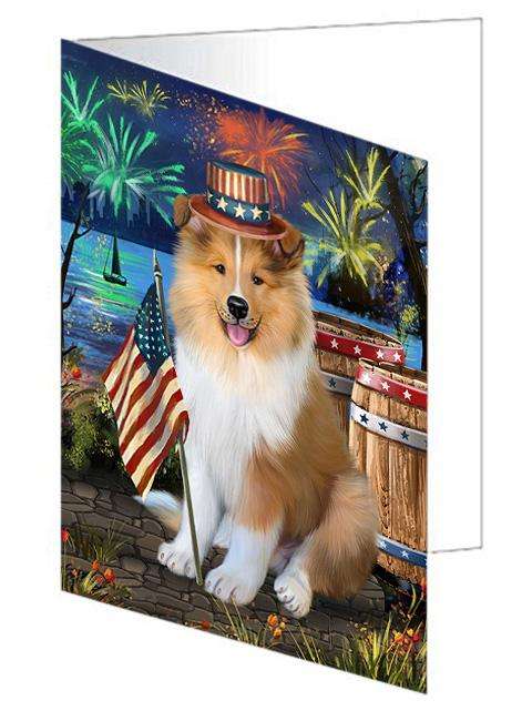 4th of July Independence Day Firework Rough Collie Dog Handmade Artwork Assorted Pets Greeting Cards and Note Cards with Envelopes for All Occasions and Holiday Seasons GCD66227