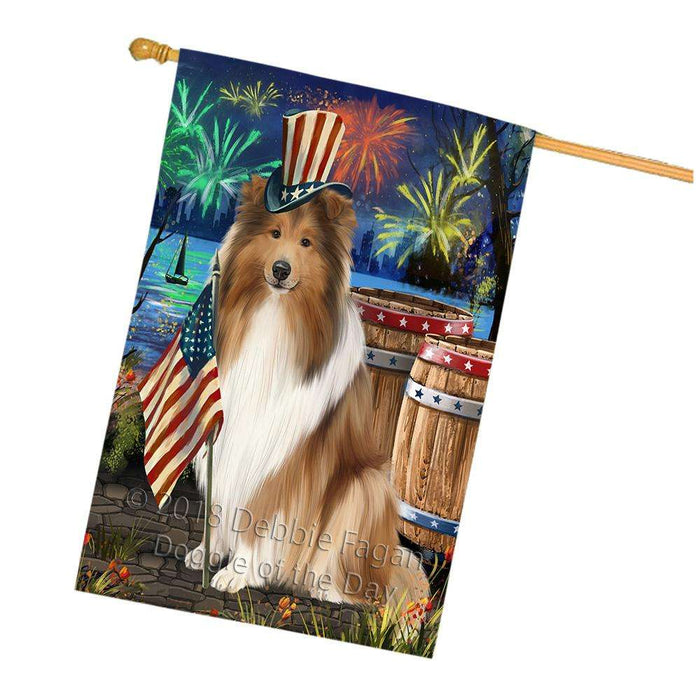 4th of July Independence Day Firework Rough Collie Dog House Flag FLG54260