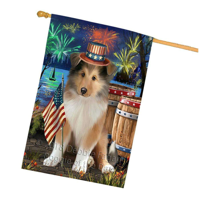 4th of July Independence Day Firework Rough Collie Dog House Flag FLG54261