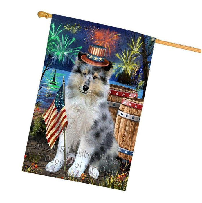 4th of July Independence Day Firework Rough Collie Dog House Flag FLG54262