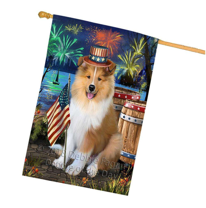 4th of July Independence Day Firework Rough Collie Dog House Flag FLG54264