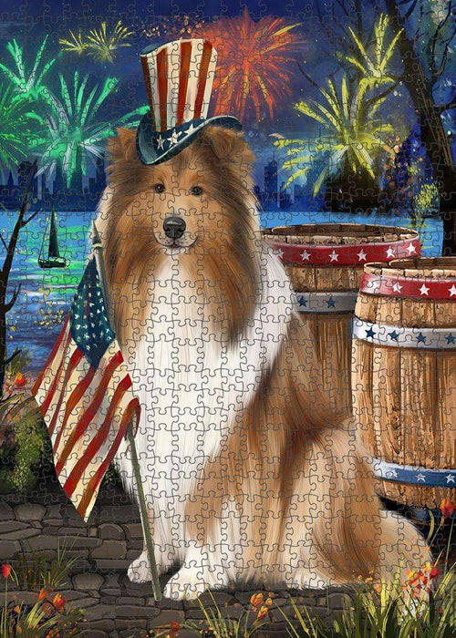 4th of July Independence Day Firework Rough Collie Dog Puzzle with Photo Tin PUZL83404