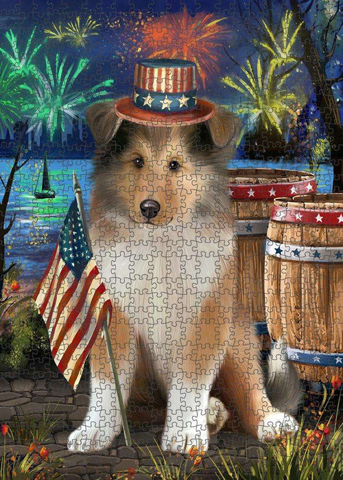 4th of July Independence Day Firework Rough Collie Dog Puzzle with Photo Tin PUZL83408