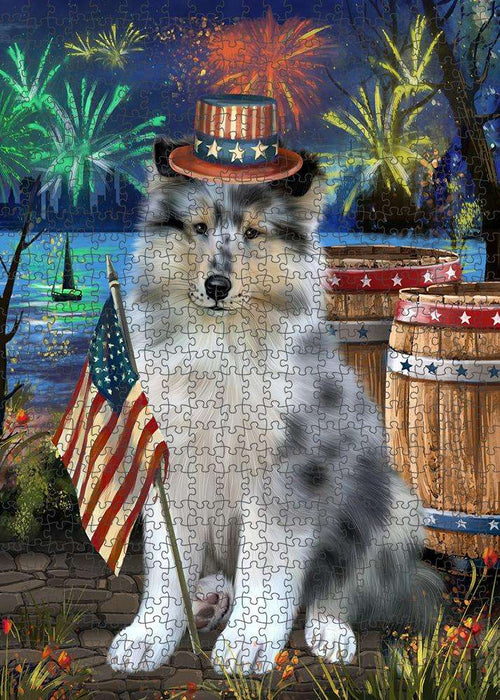 4th of July Independence Day Firework Rough Collie Dog Puzzle with Photo Tin PUZL83412