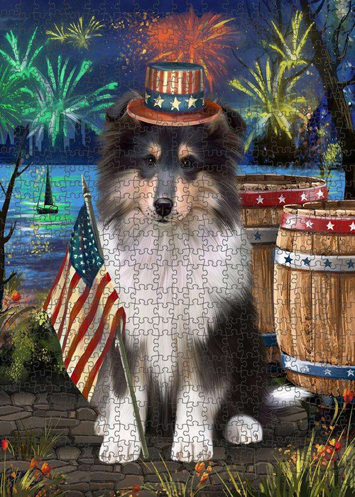 4th of July Independence Day Firework Rough Collie Dog Puzzle with Photo Tin PUZL83416