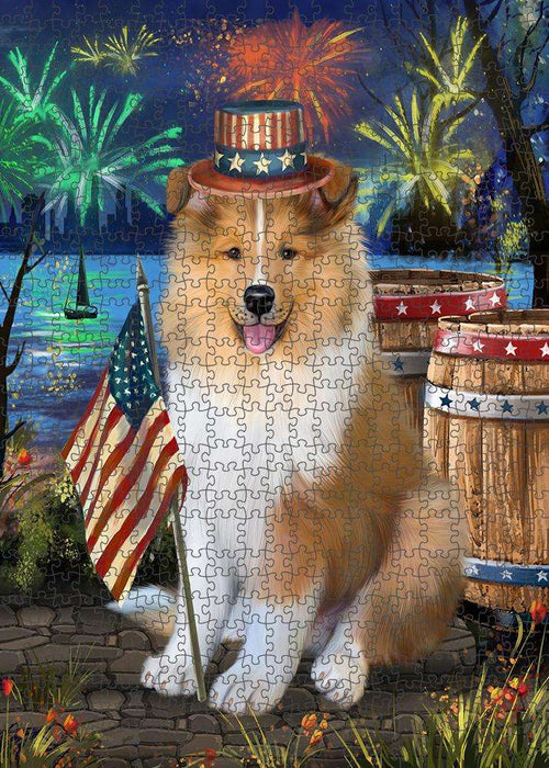 4th of July Independence Day Firework Rough Collie Dog Puzzle with Photo Tin PUZL83420