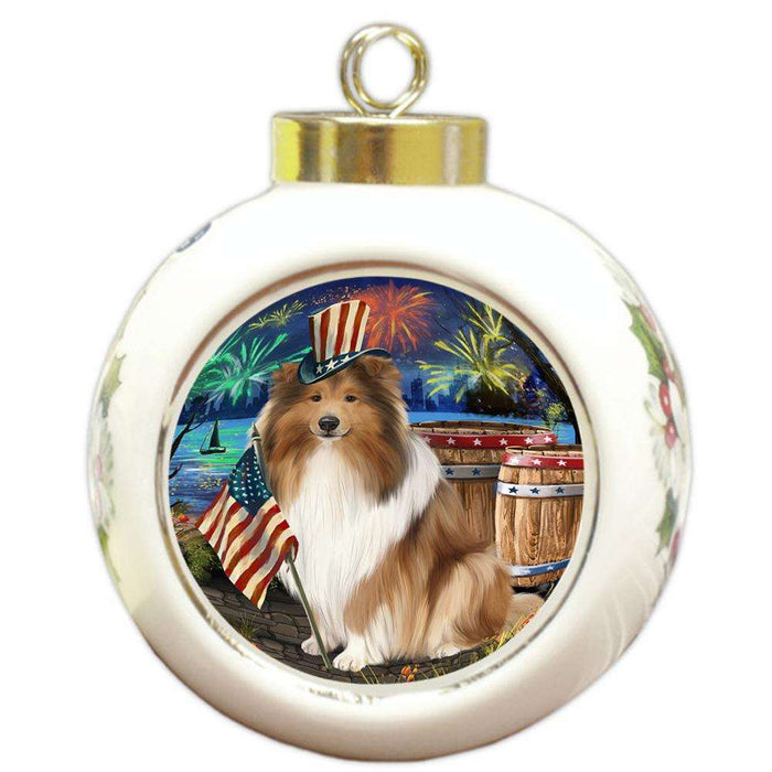 4th of July Independence Day Firework Rough Collie Dog Round Ball Christmas Ornament RBPOR54062
