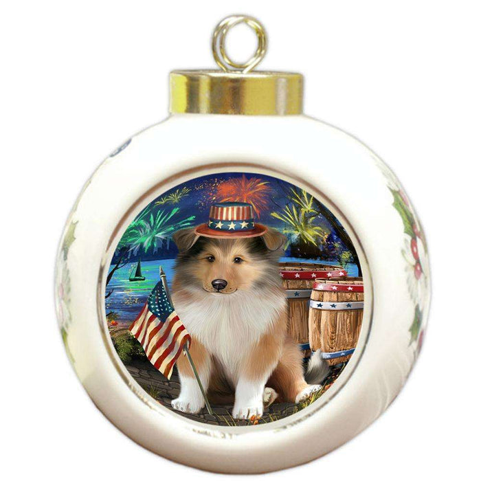 4th of July Independence Day Firework Rough Collie Dog Round Ball Christmas Ornament RBPOR54063