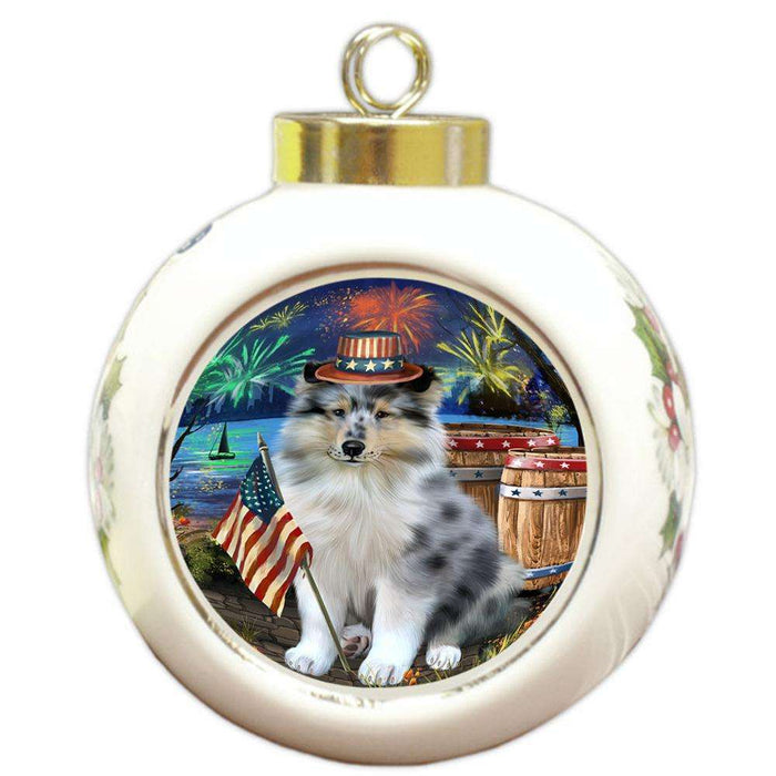 4th of July Independence Day Firework Rough Collie Dog Round Ball Christmas Ornament RBPOR54064