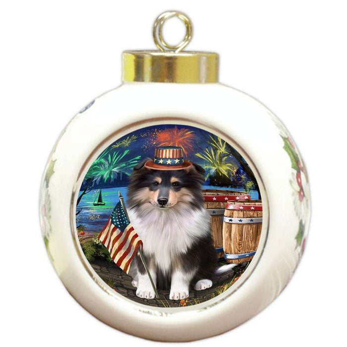 4th of July Independence Day Firework Rough Collie Dog Round Ball Christmas Ornament RBPOR54065