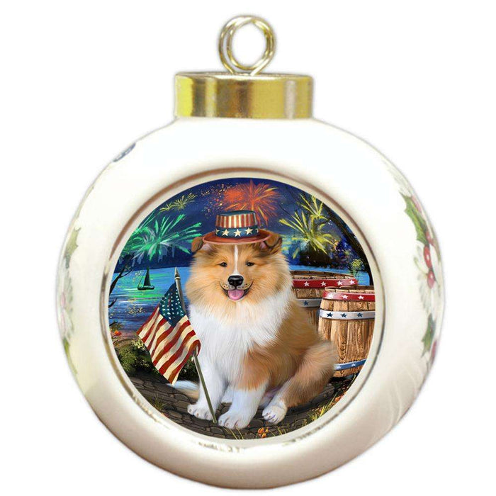 4th of July Independence Day Firework Rough Collie Dog Round Ball Christmas Ornament RBPOR54066