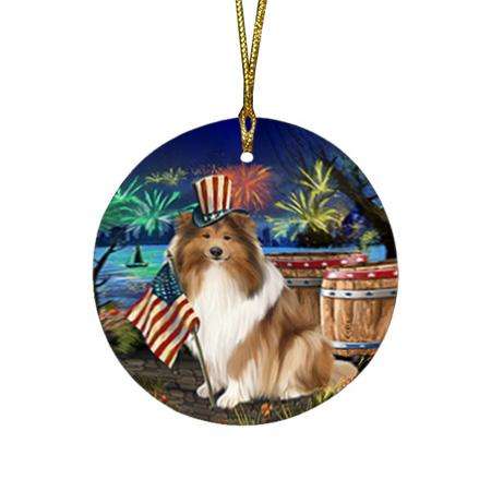 4th of July Independence Day Firework Rough Collie Dog Round Flat Christmas Ornament RFPOR54053