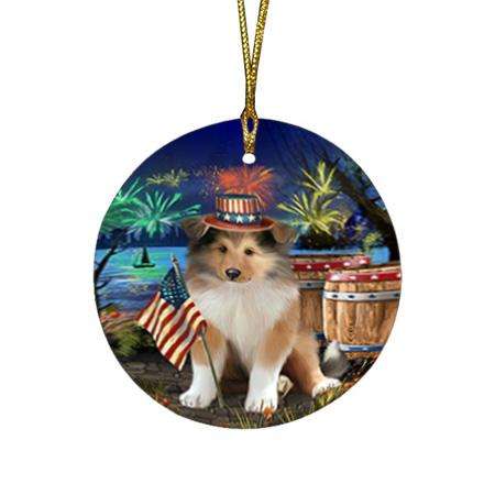 4th of July Independence Day Firework Rough Collie Dog Round Flat Christmas Ornament RFPOR54054