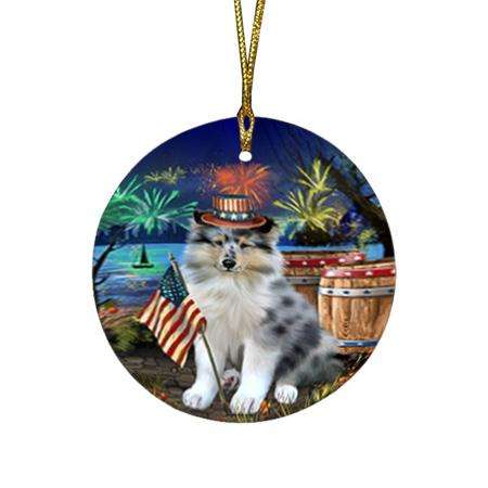 4th of July Independence Day Firework Rough Collie Dog Round Flat Christmas Ornament RFPOR54055