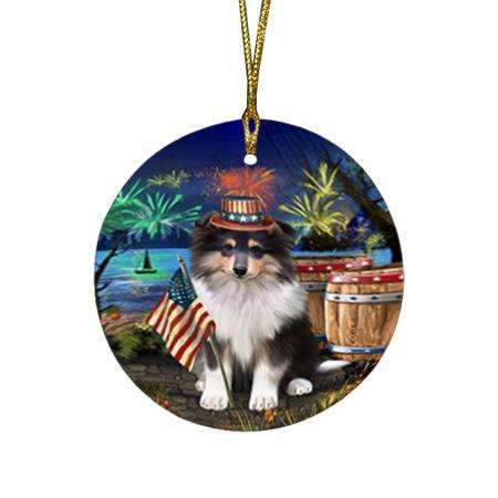 4th of July Independence Day Firework Rough Collie Dog Round Flat Christmas Ornament RFPOR54056