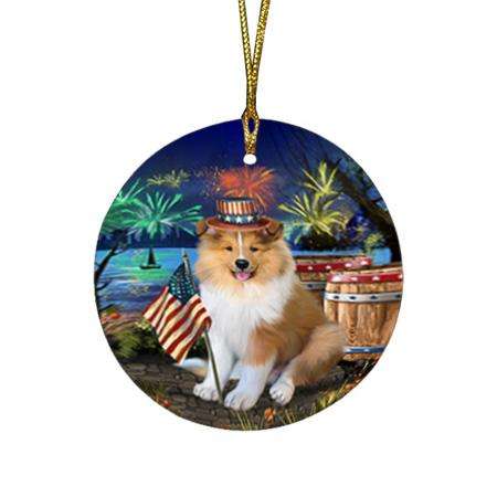 4th of July Independence Day Firework Rough Collie Dog Round Flat Christmas Ornament RFPOR54057