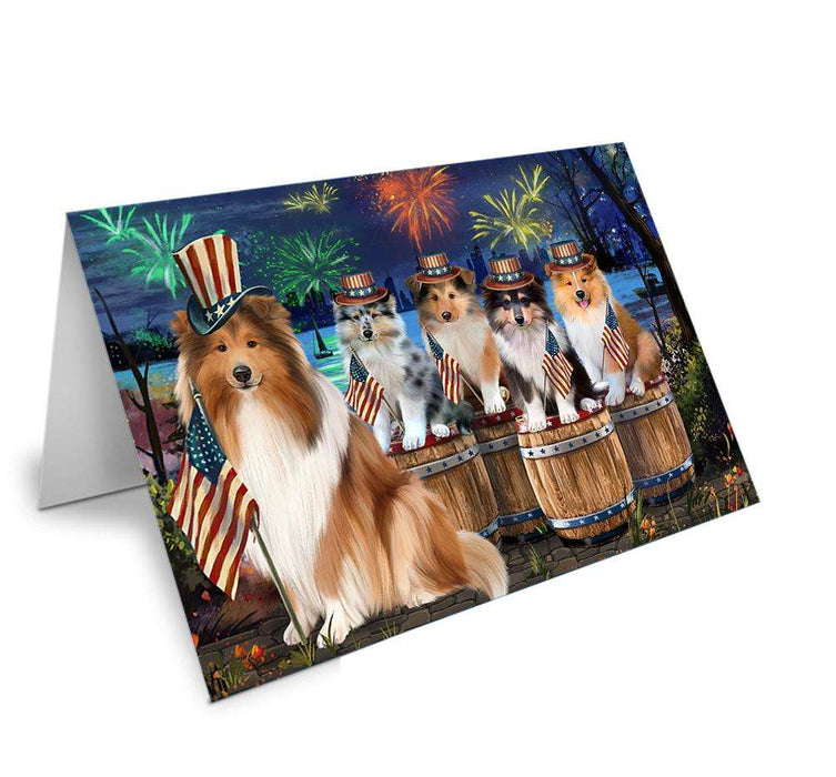 4th of July Independence Day Firework Rough Collies Dog Handmade Artwork Assorted Pets Greeting Cards and Note Cards with Envelopes for All Occasions and Holiday Seasons GCD66368