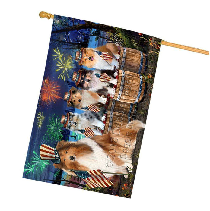 4th of July Independence Day Firework Rough Collies Dog House Flag FLG54311