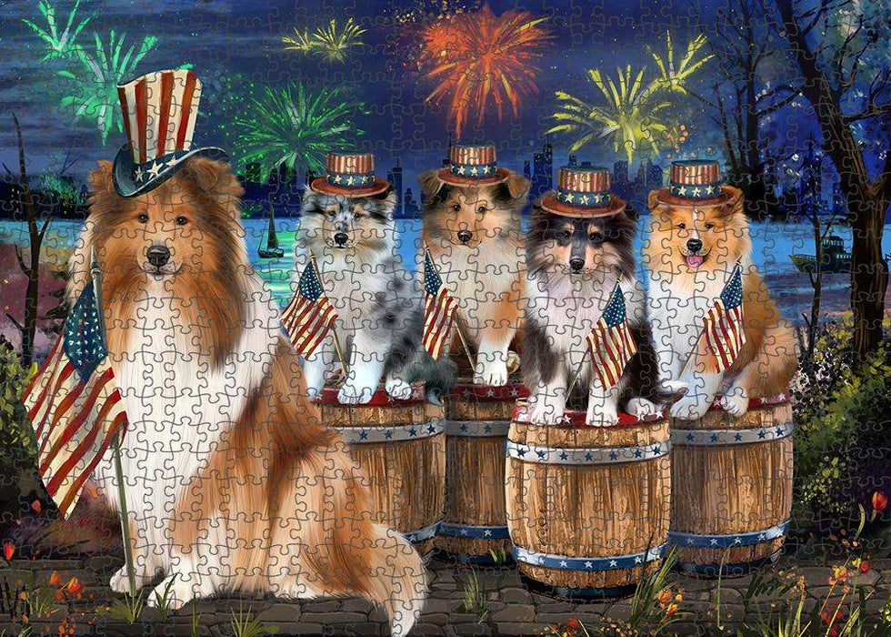 4th of July Independence Day Firework Rough Collies Dog Puzzle with Photo Tin PUZL83608