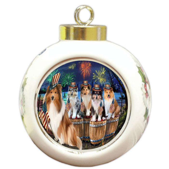 4th of July Independence Day Firework Rough Collies Dog Round Ball Christmas Ornament RBPOR54113