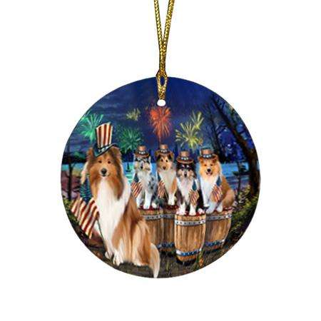 4th of July Independence Day Firework Rough Collies Dog Round Flat Christmas Ornament RFPOR54104