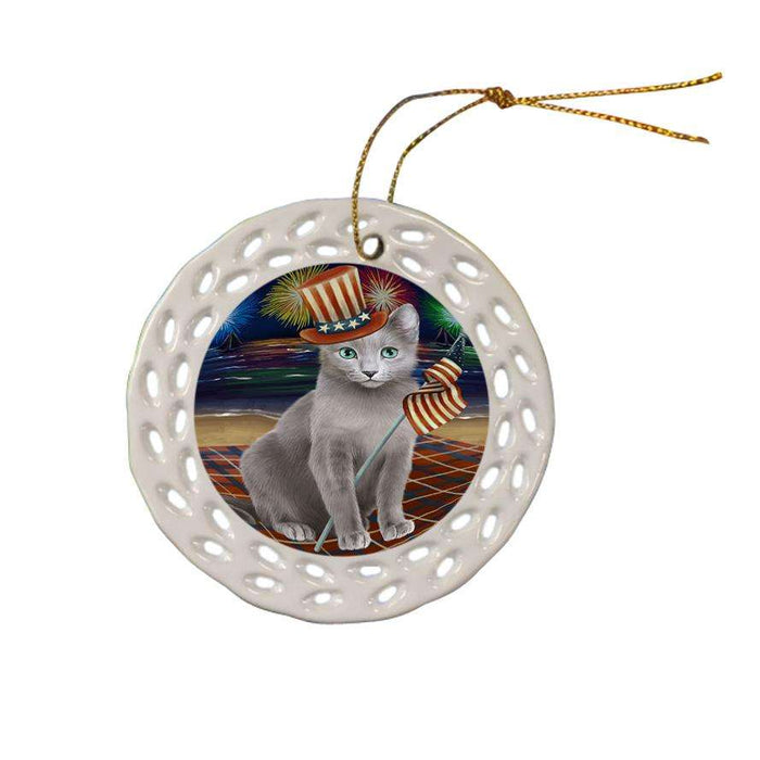 4th of July Independence Day Firework Russian Blue Cat Ceramic Doily Ornament DPOR52061
