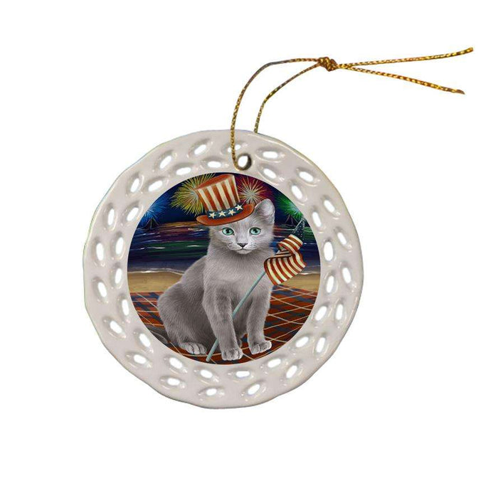 4th of July Independence Day Firework Russian Blue Cat Ceramic Doily Ornament DPOR52451