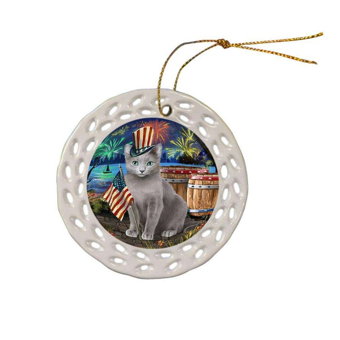 4th of July Independence Day Firework Russian Blue Cat Ceramic Doily Ornament DPOR54067