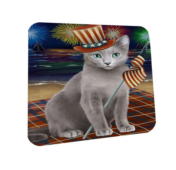 4th of July Independence Day Firework Russian Blue Cat Coasters Set of 4 CST52020