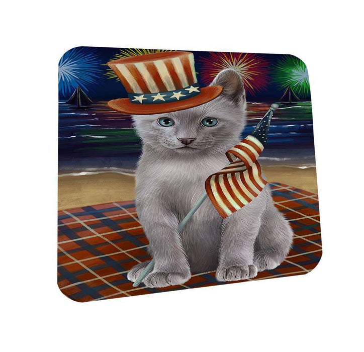 4th of July Independence Day Firework Russian Blue Cat Coasters Set of 4 CST52022