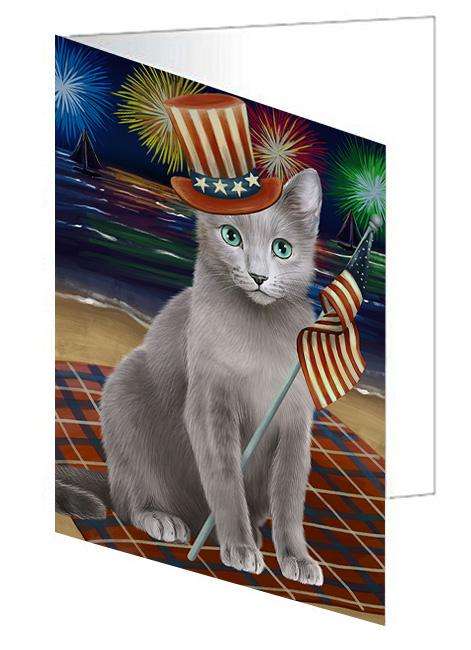 4th of July Independence Day Firework Russian Blue Cat Handmade Artwork Assorted Pets Greeting Cards and Note Cards with Envelopes for All Occasions and Holiday Seasons GCD61382