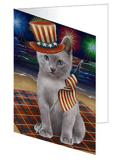 4th of July Independence Day Firework Russian Blue Cat Handmade Artwork Assorted Pets Greeting Cards and Note Cards with Envelopes for All Occasions and Holiday Seasons GCD61388