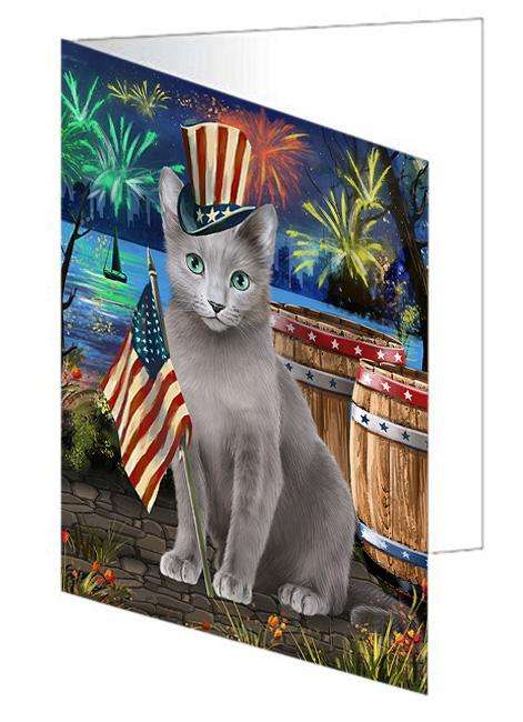 4th of July Independence Day Firework Russian Blue Cat Handmade Artwork Assorted Pets Greeting Cards and Note Cards with Envelopes for All Occasions and Holiday Seasons GCD66230