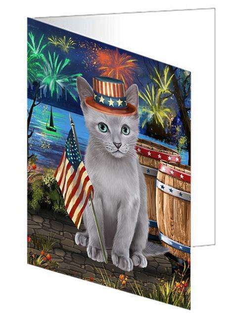 4th of July Independence Day Firework Russian Blue Cat Handmade Artwork Assorted Pets Greeting Cards and Note Cards with Envelopes for All Occasions and Holiday Seasons GCD66233
