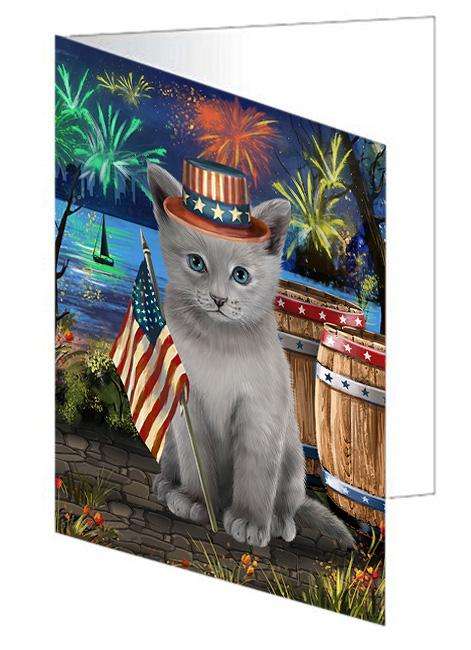 4th of July Independence Day Firework Russian Blue Cat Handmade Artwork Assorted Pets Greeting Cards and Note Cards with Envelopes for All Occasions and Holiday Seasons GCD66236